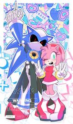  1boy 1girl amy_rose black_sclera colored_sclera derivative_work double_v english_text furry furry_female gloves green_eyes highres neo_metal_sonic no_mouth non-humanoid_robot one_eye_closed pikative02 red_eyes robot robot_animal smile sonic_(series) v white_gloves 