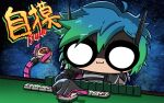  1girl :3 alter_(apex_legends) apex_legends artist_name black_gloves black_sclera blue_hair cartoonized chibi chinese_commentary colored_sclera gloves gradient_hair green_hair highres mahjong mahjong_table mahjong_tile mechanical_tentacles miyan_(oceanmaiden) multicolored_hair pink_gloves shadow smile solo table toon_(style) two-tone_gloves v-shaped_eyebrows white_eyes 