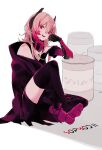  1girl bad_id bad_pixiv_id bare_shoulders black_jacket black_thighhighs girls_frontline hair_between_eyes headgear jacket light_smile long_hair looking_at_viewer m4_sopmod_ii_(girls&#039;_frontline) mimelond multicolored_hair on_ground open_mouth pink_eyes pink_hair red_eyes simple_background sitting solo streaked_hair teeth thigh-highs upper_teeth_only white_background 