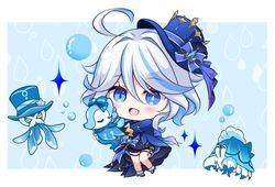  1girl :d ahoge black_pants blue_bow blue_eyes blue_footwear blue_gemstone blue_hair blue_hat blue_jacket blue_ribbon blush border bow chibi comiket_104 commentary_request drop-shaped_pupils furina_(genshin_impact) gem genshin_impact gentilhomme_usher gloves hair_between_eyes hat hat_bow hat_ribbon heterochromia holding jacket kashiwadokoro kodona light_blue_hair lolita_fashion long_hair looking_at_viewer mademoiselle_crabaletta multicolored_hair pants ribbon smile solo streaked_hair surintendante_chevalmarin symbol-shaped_pupils thigh_strap white_background white_border white_gloves white_hair 