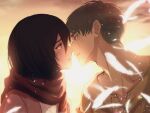  1boy 1girl black_eyes black_hair blurry blurry_background brown_hair cardigan collarbone crying eren_yeager feathers green_eyes green_shirt hair_between_eyes highres imminent_kiss light_particles mikasa_ackerman open_mouth outdoors pink_cardigan portrait red_scarf scar scar_on_face scarf shingeki_no_kyojin shirt sirius_0905hz sky yellow_sky 