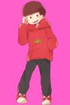  1boy blunt_bangs bowl_cut brown_hair commentary_request full_body hand_in_pocket hand_up hood hoodie male_focus matsuno_osomatsu open_mouth osomatsu-san osomatsu_(series) pants pink_background ponponzutea red_eyes shoes smile sneakers solo 