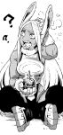  1girl ? ?? animal_ears bare_shoulders boku_no_hero_academia breasts crescent_print dark-skinned_female dark_skin explosive fur_collar globus_cruciger gloves grenade greyscale hand_on_own_head hand_up highres holding holding_grenade holy_hand_grenade indian_style ireading long_eyelashes long_hair looking_to_the_side medium_breasts mirko monochrome monty_python monty_python_and_the_holy_grail open_mouth parted_bangs rabbit_ears rabbit_girl sitting solo sweatdrop teeth thigh-highs very_long_hair 