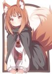  1girl animal_ear_fluff animal_ears brown_hair closed_mouth commentary_request daidai_ookami dress grey_cloak highres holo long_hair long_sleeves looking_at_viewer puffy_long_sleeves puffy_sleeves red_eyes sleeves_past_wrists smile solo spice_and_wolf tail white_dress wolf_ears wolf_girl wolf_tail 