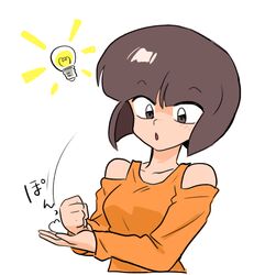  1girl bob_cut breasts brown_eyes brown_hair clenched_hand clothing_cutout hitting idea light_bulb looking_to_the_side open_mouth orange_shirt ranma_1/2 realization shirt shoulder_cutout slapping small_breasts tendou_nabiki upper_body wanta_(futoshi) white_background 