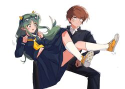  1boy 1girl blue_jacket blue_pants blue_sailor_collar blue_serafuku blue_shirt blue_skirt cone_horns floating full_body green_hair heteromanham highres horns invisible_chair jacket looking_at_another lum midriff_peek moroboshi_ataru navel open_mouth pants pleated_skirt pointy_ears sailor_collar school_uniform serafuku shirt sidelocks simple_background sitting skirt socks urusei_yatsura white_background white_shirt white_socks 