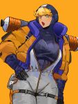  1girl animification apex_legends belt blue_bodysuit bodysuit breasts cable freckles gu_yu_yi_chong hand_on_own_hip highres hood hood_down hooded_jacket jacket medium_breasts open_mouth orange_background orange_jacket ribbed_bodysuit scar scar_on_cheek scar_on_face solo surprised thigh_belt thigh_strap wattson_(apex_legends) white_bodysuit 