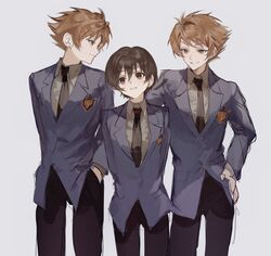  1girl 243_samuki 2boys arms_behind_back black_hair black_necktie black_pants blue_jacket brothers brown_hair fujioka_haruhi hand_in_pocket hand_on_own_hip highres hitachiin_hikaru hitachiin_kaoru jacket looking_at_another multiple_boys necktie ouran_high_school_host_club ouran_high_school_uniform pants parted_lips reverse_trap school_uniform shirt short_hair siblings smile standing 
