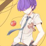  1boy blue_necktie collared_shirt grey_pants hair_over_eyes hand_in_pocket karunabaru kendama lowres male_focus necktie pants parted_lips purple_hair puyo_(puyopuyo) puyopuyo puyopuyo_7 sasaki_maguro shirt short_hair short_sleeves solo white_shirt yellow_background 