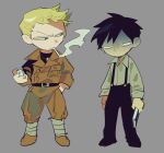  2boys apios aqua_eyes arms_at_sides bandaged_neck bandages belt black_eyes black_pants black_shirt blonde_hair book breast_pocket brown_hair brown_jacket brown_pants character_request chibi chibi_only cigarette collared_shirt commentary constricted_pupils copyright_request dog_tags forehead full_body grey_background grey_shirt half-closed_eyes hand_in_pocket hand_up highres holding holding_book holding_lighter jacket lighter long_sleeves looking_at_another male_focus military_uniform mouth_hold multiple_boys pants parted_lips pocket shirt short_hair simple_background smoke smoking standing suspenders turn_pale uniform v-shaped_eyebrows 