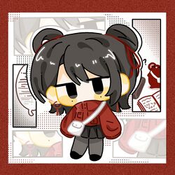  12_yue_he_11_yue 1girl ? animalization black_eyes black_footwear black_hair black_skirt blush_stickers border chibi chibi_only chinese_commentary commentary_request earrings grey_pantyhose hair_bun hair_ribbon high_collar highres jacket jewelry li_yuting_(female) li_yuting_(mouse) long_sleeves medium_hair miniskirt mole mole_under_each_eye mole_under_eye multiple_moles pantyhose pleated_skirt red_border red_jacket red_ribbon ribbon single_hair_bun single_hair_ring skirt sleeves_past_fingers sleeves_past_wrists touqi_guaitan 