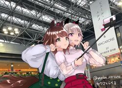  2girls :d absurdres animal_ears aston_machan_(umamusume) bow breasts brown_hair cellphone curren_chan_(umamusume) ear_bow ear_scrunchie finger_to_cheek from_side green_eyes green_skirt grey_hair highres holding horse_ears horse_girl long_sleeves medium_breasts multiple_girls naegi_happy phone photo_background red_bow red_scrunchie red_skirt scrunchie see-through see-through_sleeves selfie selfie_stick semi-rimless_eyewear shinchitose_airport shirt short_hair side_ponytail skirt smartphone smile umamusume unworn_eyewear violet_eyes white_shirt yellow_eyes 