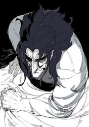  1boy aquiline_nose black_eyes black_hair colored_skin desha_(ousama_ranking) facial_hair frown grey_skin greyscale hair_down highres huge_eyebrows long_hair long_nose looking_at_viewer male_focus monochrome mullet muscular muscular_male mustache ousama_ranking pain pencil_mustache sanpaku sashimi_oran sharp_teeth solo teeth upper_body vertical_eye_lines 