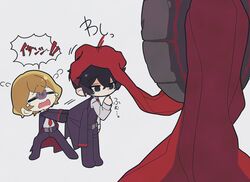  1other 2boys black_eyes black_hair black_suit blonde_hair chibi closed_eyes closed_mouth doomsday_calendar_(project_moon) hagan_tw highres limbus_company male_focus multiple_boys necktie project_moon red_necktie shirt short_hair simple_background sinclair_(project_moon) suit tears white_background white_shirt yi_sang_(project_moon) 