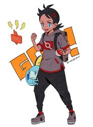  black_pants blue_eyes character_name clenched_hand dated fon-due_(fonfon) full_body goh_(pokemon) grey_footwear grey_shirt highres holding holding_poke_ball pants poke_ball poke_ball_(basic) pokemon pokemon_(anime) pokemon_journeys red_socks rotom rotom_phone shirt short_hair signature sobble socks standing 