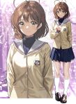  1girl antenna_hair brown_eyes brown_hair clannad furukawa_nagisa hair_ornament hairclip highres hikarizaka_private_high_school_uniform long_sleeves looking_at_viewer school_uniform short_hair skirt smile zaofeng 