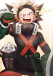  1boy :o asayama_nano bakugou_katsuki belt black_headband blonde_hair boku_no_hero_academia clenched_hand dated gloves gradient_background happy_birthday headband highres knee_up looking_at_viewer male_focus pointing pointing_at_self pointing_with_thumb red_eyes solo spiky_hair standing 