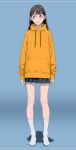  1girl black_hair black_skirt brown_eyes full_body hood hoodie ishihama_masashi long_hair looking_to_the_side miniskirt no_shoes orange_hoodie original pleated_skirt skirt smile socks solo standing white_socks 