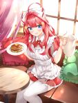  1girl :d absurdres ahoge alternate_costume apron backlighting blue_eyes breasts collared_dress commentary_request couch cushion dress enmaided food go-toubun_no_hanayome hair_ornament hair_ribbon highres holding holding_plate indoors large_breasts long_hair looking_at_viewer maid maid_apron nakano_itsuki on_couch pancake plate red_dress redhead ribbon round_table shizuku_(shizukusushi) short_sleeves sitting smile solo star_(symbol) star_hair_ornament table thigh-highs white_ribbon white_thighhighs 