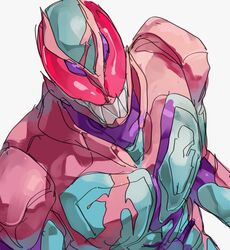  1boy armor bbbb_fex blue_armor dinosaur highres kamen_rider kamen_rider_revi kamen_rider_revice male_focus pink_armor red_eyes sharp_teeth shoulder_armor teeth tokusatsu tyrannosaurus_rex upper_body violet_eyes white_background 