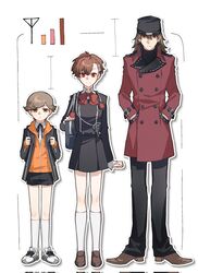  1girl 2boys amada_ken aragaki_shinjirou bag beanie black_hat black_jacket black_shorts black_skirt bow bowtie brown_footwear brown_hair closed_mouth coat collared_shirt corrupted_twitter_file eca_leaf gekkoukan_high_school_uniform hair_between_eyes hands_in_pockets hat highres hood hood_down jacket long_sleeves multiple_boys open_clothes open_jacket pants persona persona_3 persona_3_portable red_bow red_bowtie red_coat red_eyes school_bag school_uniform shiomi_kotone shirt shoes shorts simple_background skirt sneakers socks standing white_background white_shirt white_socks 