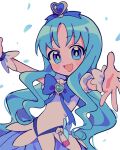  1girl :d bad_id bad_twitter_id blue_bow blue_eyes blue_hair blue_skirt bow brooch cure_marine hair_ornament heart heart_brooch heart_hair_ornament heartcatch_precure! highres inactive_account jewelry kurumi_erika long_hair looking_at_viewer magical_girl open_mouth outstretched_arms parted_bangs petals precure skirt smile solo umipi white_background wrist_cuffs 