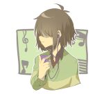  1other airpods antenna_hair brown_hair closed_mouth collared_sweater colored_skin cropped_torso deltarune fingernails green_sweater hair_over_eyes holding holding_phone komugiko_(bitte_komu) kris_(deltarune) listening_to_music long_sleeves outline phone short_hair striped_clothes striped_sweater sweater upper_body white_background white_outline wireless_earphones yellow_skin yellow_sweater 