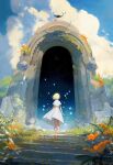  1girl bare_legs barefoot blonde_hair blue_sky bug butterfly cane clouds crescent_moon dress english_commentary flower from_behind full_body grass moon orange_flower original outdoors portal_(object) ross_tran runes scenery short_hair short_sleeves sky solo stairs star_(sky) white_dress white_flower 