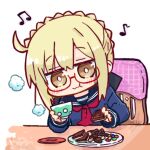  1girl :t artoria_pendragon_(fate) beamed_eighth_notes blonde_hair blue_sailor_collar blue_shirt blush braid brown_eyes chain chibi closed_mouth commentary_request eating eighth_note fate/grand_order fate_(series) food food_request glasses hair_between_eyes holding holding_food kasuga_yuuki lowres musical_note mysterious_heroine_x_alter_(fate) on_chair plate red-framed_eyewear sailor_collar school_uniform semi-rimless_eyewear serafuku shirt simple_background solo table under-rim_eyewear upper_body wavy_mouth white_background 