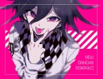  1boy bad_id bad_twitter_id checkered_clothes checkered_scarf copyright_name danganronpa_(series) danganronpa_v3:_killing_harmony hair_between_eyes illu_kamo inactive_account jacket long_sleeves looking_at_viewer male_focus oma_kokichi pink_background purple_hair scarf short_hair smile solo tongue tongue_out translation_request upper_body v_over_mouth violet_eyes white_jacket 