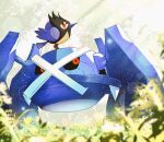  beak bird bird_tail blurry blurry_foreground lens_flare metagross no_humans non-humanoid_robot on_grass pokemon pokemon_(creature) red_eyes robot rookidee sunlight tail wings zeroartwo 