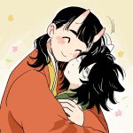  2girls affectionate animal_ears annoyed averting_eyes black_hair brown_background cat_ears cat_girl cat_tail cheek-to-cheek closed_eyes closed_mouth commentary dajae_public dungeon_meshi frown hair_over_shoulder heads_together highres horns hug inutade izutsumi japanese_clothes kimono long_hair long_sleeves low_twintails mismatched_animal_ear_colors mole mole_under_eye multiple_girls nuzzle oni short_hair smile symbol-only_commentary tail twintails upper_body white_background yellow_eyes 