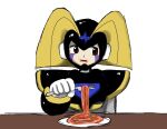  armor bass_(mega_man) black_armor chest_jewel food fork highres holding holding_fork kanmarisa_(meme) mega_man_(series) meme pasta simple_background spaghetti srnhuyuno table touhou zun_(style) 