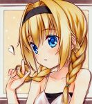  1girl bare_shoulders black_hairband blonde_hair blue_eyes blush braid chitose_sana close-up collarbone colored_eyelashes commentary_request drop_shadow hair_between_eyes hair_intakes hairband hand_up heart index_finger_raised light_brown_background long_hair looking_at_viewer marker_(medium) parted_lips photo_(medium) playing_with_own_hair revision simple_background solo takt_shindo tenshinranman traditional_media twin_braids 