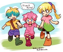  1girl 2boys antenna_hair bare_arms black_eyes blonde_hair blue_eyes blue_hair blue_shorts blue_sky blush_stickers bodysuit boots braid braided_ponytail brother_and_sister brown_footwear bun_(kirby) child closed_mouth clouds day dress eyelashes fingerless_gloves fumu_(kirby) gloves grass green_dress green_footwear hair_over_eyes holding_hands hood hood_down hooded_bodysuit kirby kirby:_right_back_at_ya kirby_(series) knee_boots long_hair looking_at_another mato_(mozu_hayanie) messy_hair multicolored_hair multiple_boys open_mouth outdoors outline personification pink_bodysuit pink_dress pink_gloves pink_hair ponytail_holder red_footwear romper running shirt short_dress short_hair short_sleeves shorts siblings single_strap sky smile solid_oval_eyes speech_bubble star_(symbol) suspender_panties t-shirt translation_request two-tone_dress two-tone_hair white_outline yellow_shirt 
