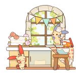  bowl chef_hat closed_eyes closed_mouth commentary flower hat holding holding_spoon kitchen looking_up minun no_humans olopheris plusle pokemon pokemon_(creature) smile spoon standing stool u_u window 