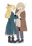  2girls adjusting_another&#039;s_clothes black_footwear blonde_hair blue_coat brown_coat closed_eyes coat commentary dungeon_meshi falin_thorden full_body green_eyes grey_hair grey_pants long_hair marcille_donato multiple_girls nakkasu open_mouth pants pointy_ears short_hair simple_background standing sweater white_background white_sweater 
