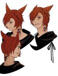  1boy 5altybitter5 animal_ears archon_mark cat_ears closed_mouth final_fantasy final_fantasy_xiv g&#039;raha_tia hair_ornament hair_over_one_eye highres multiple_views neck_tattoo one_eye_covered portrait redhead simple_background smile tattoo white_background x_hair_ornament 