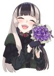  1girl black_choker black_hair blunt_bangs blush bouquet choker closed_eyes commentary_request cropped_torso dress flower gothic_lolita green_dress grey_hair happy highres holding holding_bouquet hololive hololive_dev_is juufuutei_raden korutesu lace lace_choker lolita_fashion long_hair long_sleeves multicolored_hair open_mouth purple_flower simple_background smile solo teeth two-tone_hair upper_teeth_only virtual_youtuber white_background 