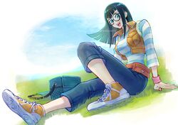  black_hair blue_eyes blue_pants blue_shirt blurry blurry_background breasts carly_nagisa full_body glasses izapara looking_at_viewer medium_breasts medium_hair on_grass open_mouth orange_footwear orange_vest pants round_eyewear shirt shoes smile striped_clothes striped_shirt teeth tongue vest white_shirt yu-gi-oh! yu-gi-oh!_5d&#039;s 