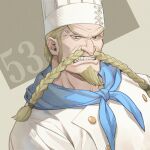  1boy ascot black_eyes blonde_hair blue_ascot braid braided_mustache chef chef_hat commentary_request english_commentary facial_hair goatee hat long_mustache male_focus mixed-language_commentary mustache one_piece red-leg_zeff short_hair solo teeth uniform yoshicha 