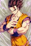  1boy bad_id bad_twitter_id black_eyes black_hair blue_shirt commentary_request dougi dragon_ball dragon_ball_z electricity grin highres looking_at_viewer male_focus muscular muscular_male orange_pants orange_shirt pants potential_unleashed sekitsuki_hayato shirt signature smile solo son_gohan spiky_hair standing 