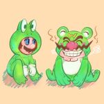  2boys animal_costume big_nose blue_eyes cleft_chin closed_eyes facial_hair frog_costume frog_mario gloves grin highres mario multiple_boys mustache parted_lips simple_background smile super_mario_bros. wario warioware white_gloves windierrev 