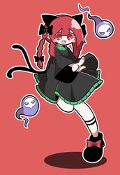  1girl animal_ears baek_ban black_bow black_dress black_footwear blush_stickers bow cat_ears cat_girl cat_tail dress fang hair_between_eyes hair_bow highres kaenbyou_rin leg_up long_sleeves multiple_tails open_mouth red_background red_eyes redhead sidelocks simple_background smile solo tail touhou twintails two_tails wide_sleeves 