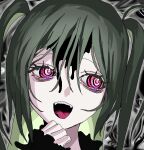  1girl black_background black_shirt colored_inner_hair green_hair grey_background hair_between_eyes hand_up jiz_(pffbq) long_hair long_sleeves looking_to_the_side melting_eyes multicolored_hair open_mouth original pink_eyes portrait ringed_eyes shirt solo two_side_up 