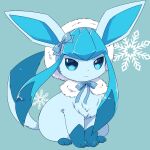  blue_background blue_bow blue_eyes blue_hair bow clothed_pokemon full_body fur_hood glaceon highres hood hoodie kemoribon looking_at_viewer no_humans pokemon pokemon_(creature) ribbon sidelocks simple_background sitting smile snowflakes solo white_hood 