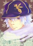 artist_request brown_background bust gauche_suede hat looking_at_viewer scarf snowflakes solo tegami_bachi violet_eyes