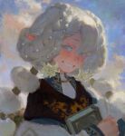  1girl blue_eyes blush book clouds creamyghost flower_ornament grin highres holding holding_book looking_to_the_side original pearl_hair_ornament pointy_ears portrait smile solo white_hair 