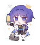  1boy alternate_headwear artist_logo chibi chibi_only chinese_commentary commentary crown full_body genshin_impact hand_on_own_hip hand_up highres holding holding_sword holding_weapon lanmeixiaoxi leg_up male_focus mini_crown outstretched_arm rock scaramouche_(genshin_impact) solo sparkling_aura split_mouth standing sword wanderer_(genshin_impact) weapon 