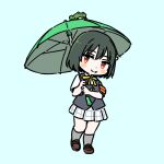  1girl armband black_vest brown_footwear closed_mouth commentary_request fang fang_out frog full_body green_hair grey_socks holding holding_umbrella kneehighs looking_at_viewer love_live! love_live!_nijigasaki_high_school_idol_club mifune_shioriko neck_ribbon nijigasaki_school_uniform plaid plaid_skirt pleated_skirt red_armband red_eyes ribbon school_uniform shinanoya_(satanicad) shirt short_hair short_sleeves skirt smile socks solo standing standing_on_one_leg umbrella vest white_background white_shirt white_skirt yellow_ribbon 